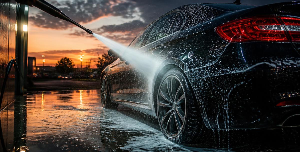 High pressure jet washing a dark car at dusk